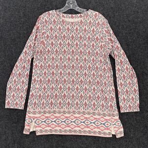 J Jill Shirt Women's Medium Red Blue Ikat Luxe Supima Forward Seam Tunic Top